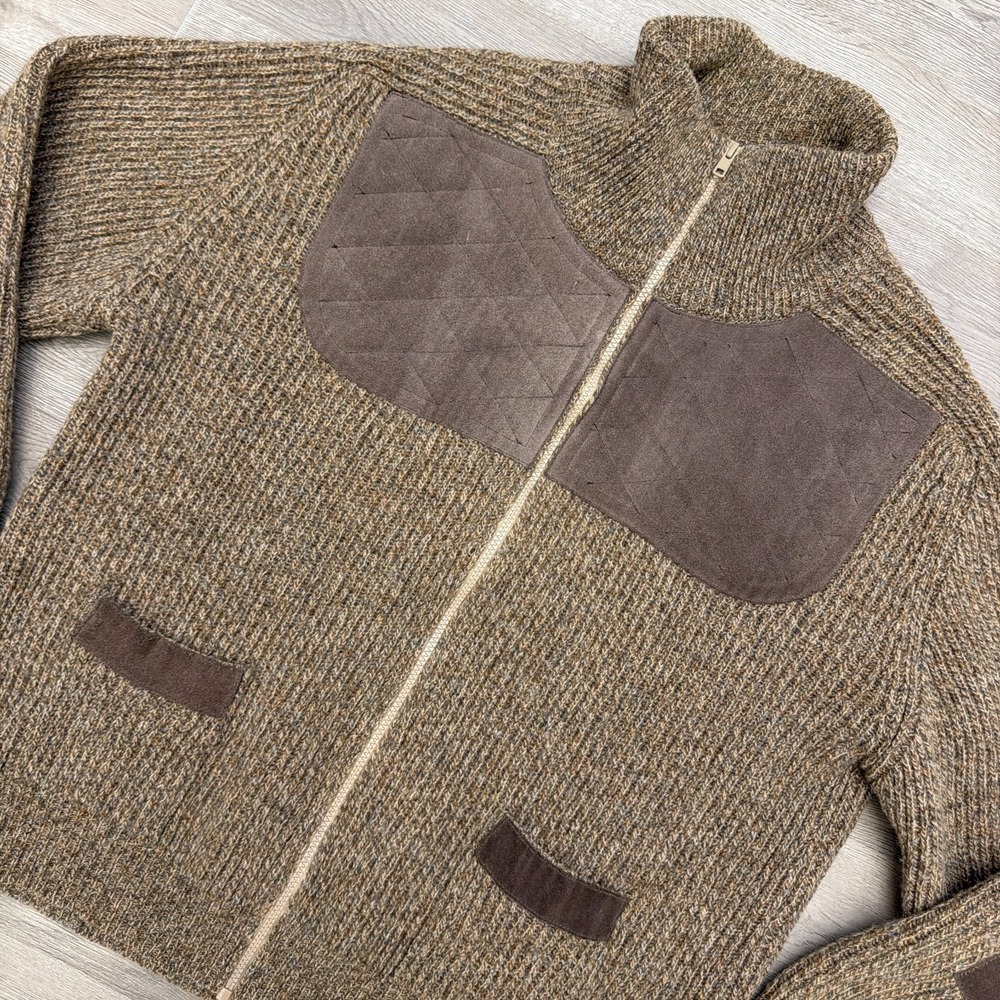 Lochaven Of Scotland Sweater Mens L Brown Wool Full Zip Quilted Elbow Patches